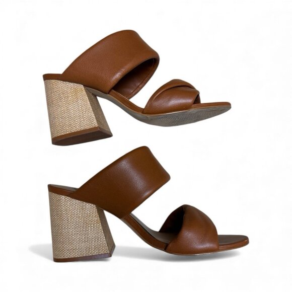 Steve Madden Leather Block Heel Slides Tan Woven Mule Sandals Size 9M - Picture 1 of 5